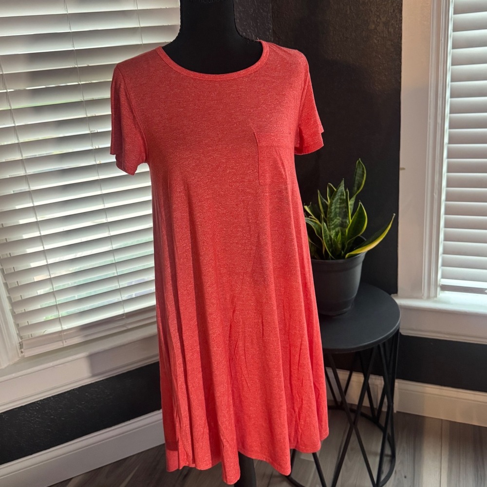 Womens Coral Heathered Short Sleeve Pocket Swing Dress A-Line Casual Knit